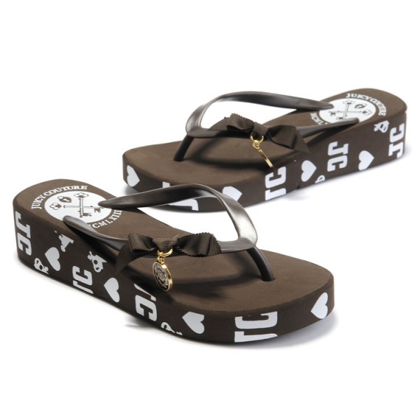 Juicy Couture Flip Flops Cute Bow & Heart Print Coffee