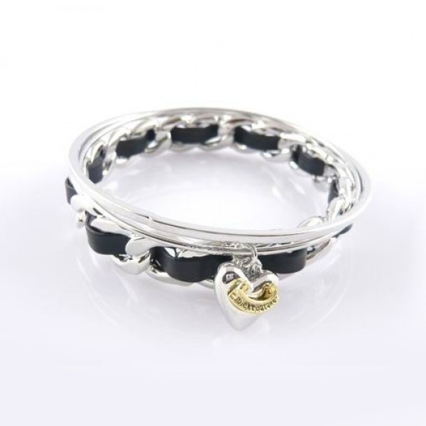 Juicy Couture Jewelry Shiny Heart Black Strap Silver Bracelet