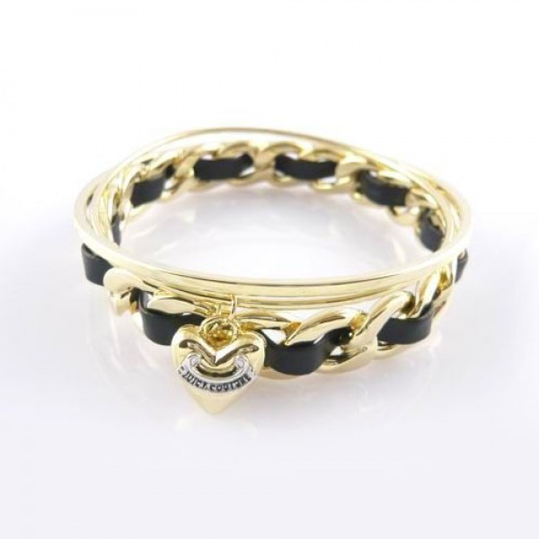 Juicy Couture Jewelry Shiny Heart Black Strap Golden Bracelet