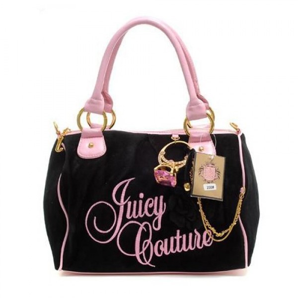 Juicy Couture Handbags Velour Flower Embroidery Madge Black/Pink
