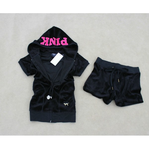 Juicy Couture Short Tracksuits Pink Summer Velour Hoodie Black