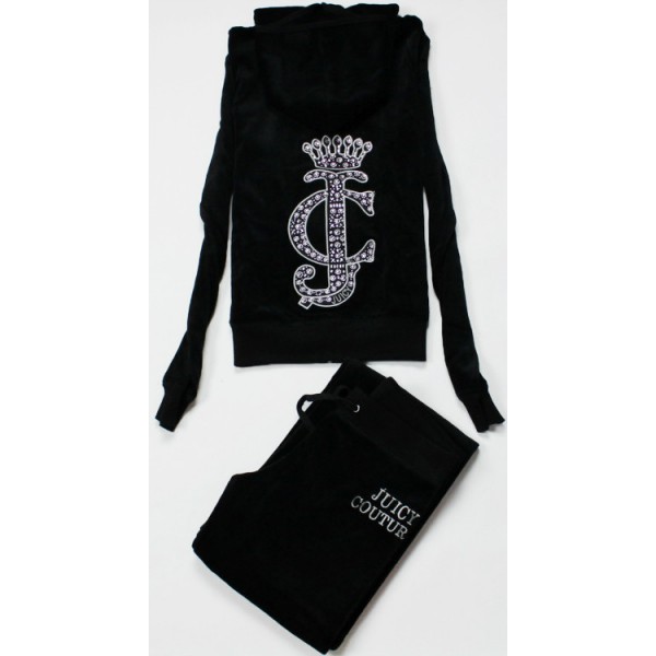 Juicy Couture Tracksuits Crest JC Velour Hoodie Black Discount